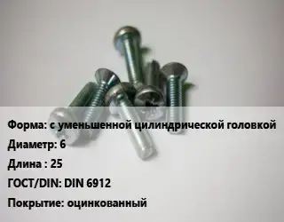 Винт с уменьшенной цилиндрической головкой 6х25 DIN 6912 оцинкованный